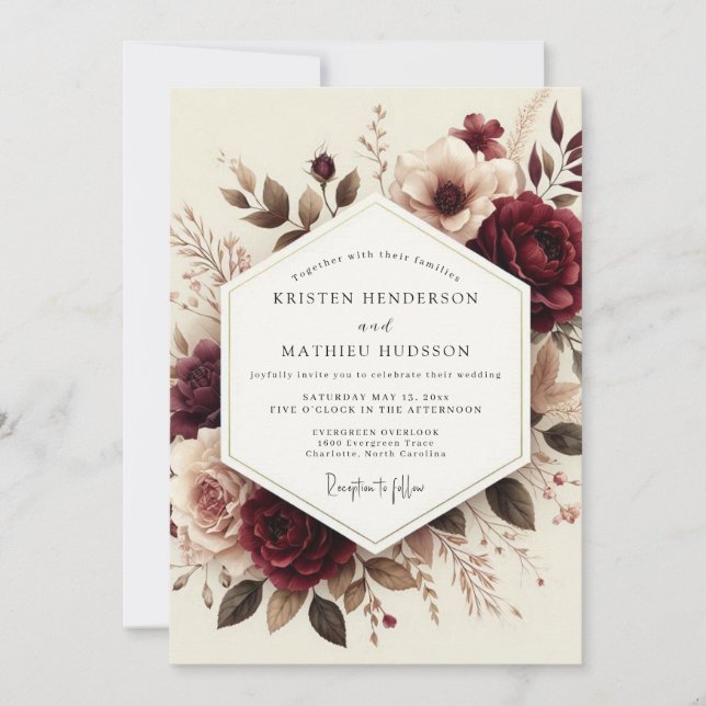 Burgundy Romantic Bloom Wedding Invitation (Front)