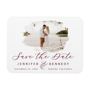 Burgundy Romantic Brushed Photo Save The Date Magnet
