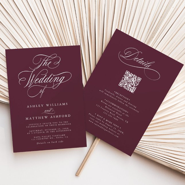 Burgundy Romantic Calligraphy All In One Wedding  Invitation (Front & Back)