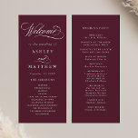 Burgundy Romantic Calligraphy Wedding Ceremony Program<br><div class="desc">This burgundy and white wedding ceremony program featuring elegant and romantic swirly calligraphy lettering with your names,  wedding date,  order of service,  and wedding party details. For more advanced customisation of this design,  please click the BLUE DESIGN TOOL BUTTON above!</div>