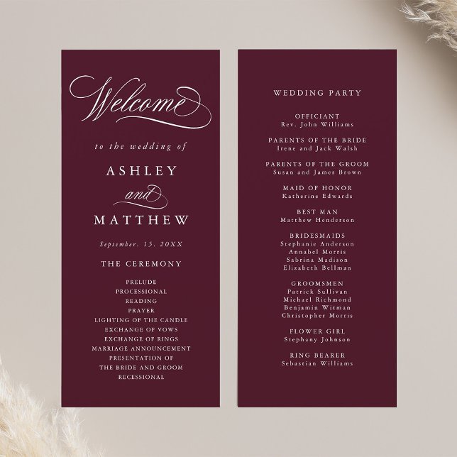Burgundy Romantic Calligraphy Wedding Ceremony Program (Front & Back)