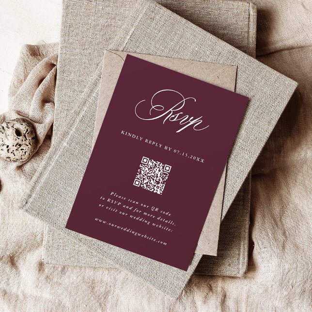Burgundy Romantic Calligraphy Wedding QR Code RSVP Card (Creator Uploaded)