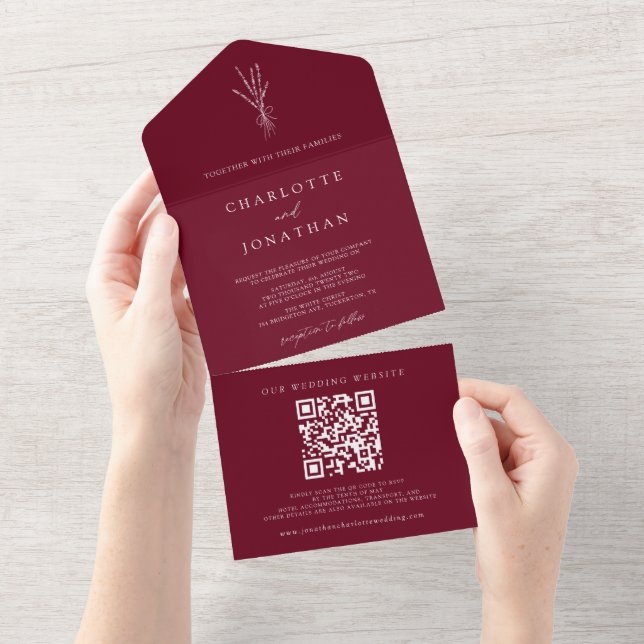 Burgundy Romantic Elegant Botanical Wedding All In One Invitation (Tearaway)