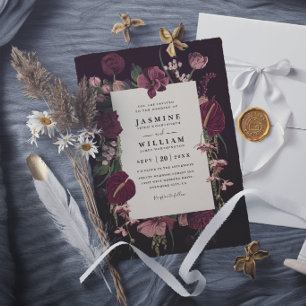 Burgundy Romantic Floral Elegant Modern Wedding Invitation