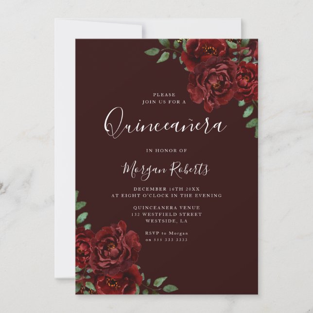 Burgundy Romantic Red Roses Quinceanera Party Invitation (Front)