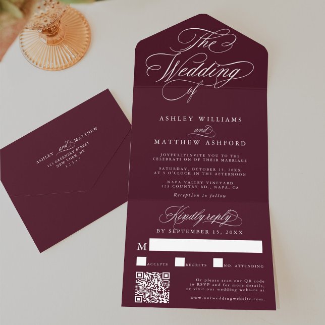Burgundy Romantic Swirly Calligraphy Wedding All In One Invitation (Creator Uploaded)