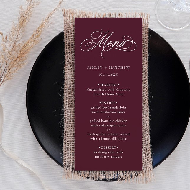 Burgundy Romantic Swirly Calligraphy Wedding Menu (Creator Uploaded)