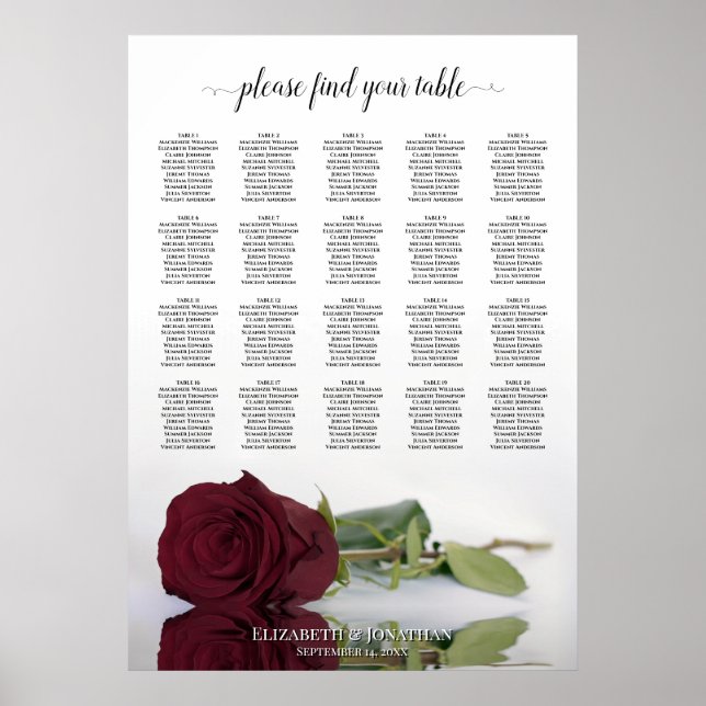 Burgundy Rose 20 Table Chic Wedding Seating Chart (Front)