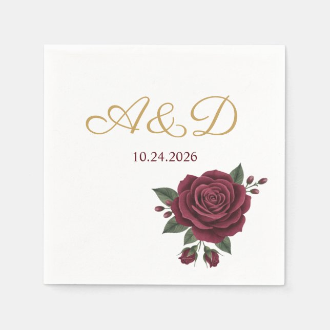 Burgundy Rose and Gold Foil Wedding Monogram Napki Napkin (Front)