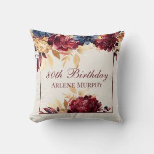 Burgundy Rose and Navy 80th Birthday Cushion