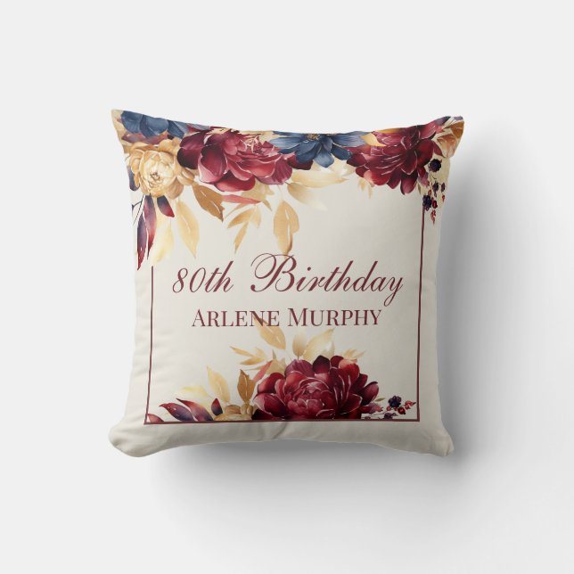 Burgundy Rose and Navy 80th Birthday Cushion (Front)