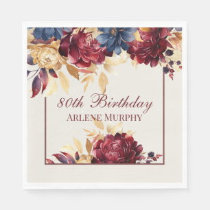 Burgundy Rose and Navy 80th Birthday Napkin