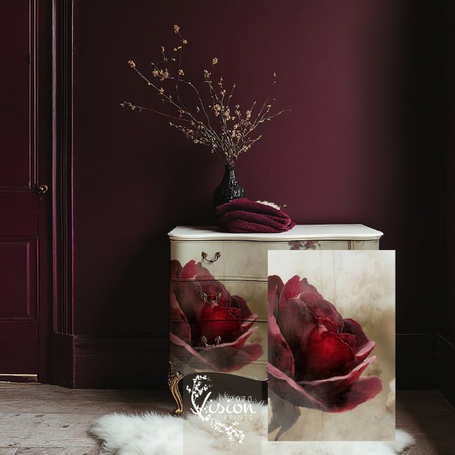 Burgundy Rose, & Beige, Close Up Flower Tissue Paper (Burgundy Rustic Peony Rose, Macro Flower and Beige background, part 2 of a matching diptych set)