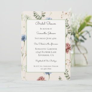 Burgundy Rose Blue White Floral Bridal Shower   Invitation