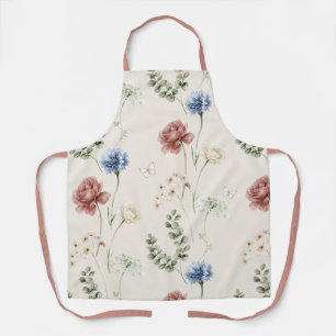 Burgundy Rose Blue White Flowers Butterfly Apron
