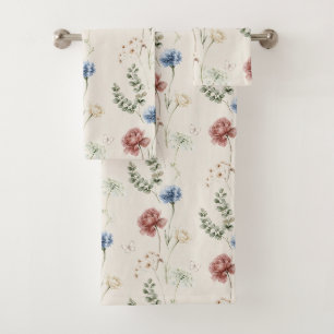 Burgundy Rose Blue White Flowers Butterfly Bath Towel Set