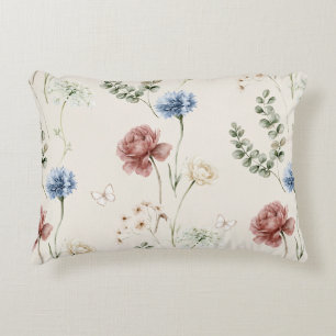 Burgundy Rose Blue White Flowers Butterfly Decorative Cushion