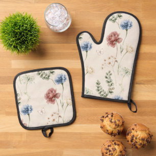 Burgundy Rose Blue White Flowers Butterfly Oven Mitt & Pot Holder Set