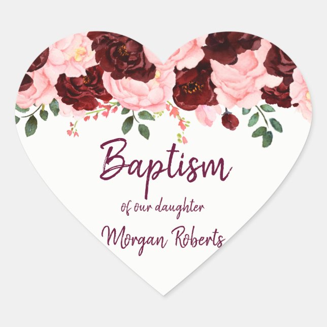 Burgundy Rose Blush Pink Floral Baby Girl Baptism Heart Sticker (Front)