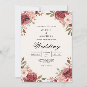 Burgundy Rose Botanical Arch Wedding Invitation