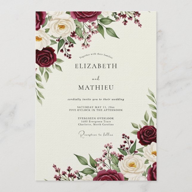 Burgundy Rose Botanical Romance Wedding Invitation (Front)