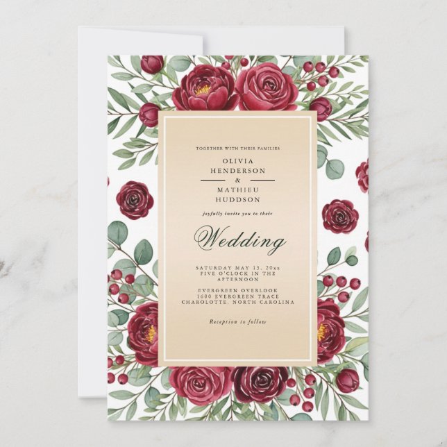 Burgundy Rose Botanical Wedding Invitation (Front)