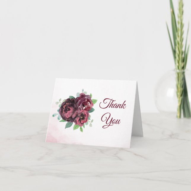 Burgundy Rose Bouquet Watercolor Thank You Card (Front)