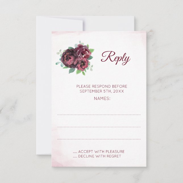 Burgundy Rose Bouquet Wedding Reply Cards (Front)