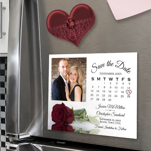 Burgundy Rose Calendar Photo Save the Date Magnet (Magnetic Back - Great for hanging on the fridge!)