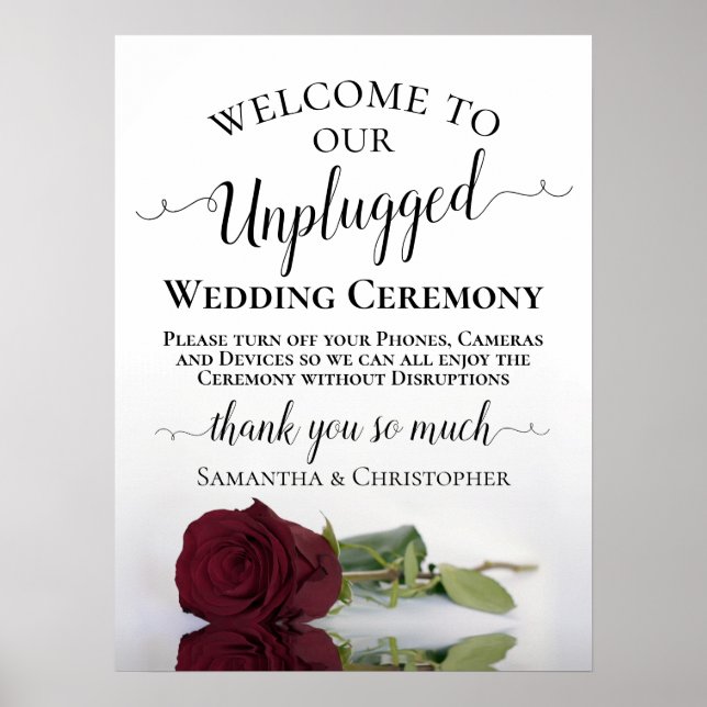 Burgundy Rose Chic Unplugged Wedding Ceremony Poster (Front)