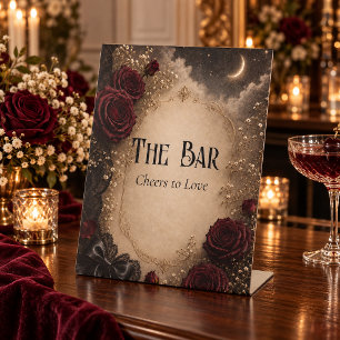 Burgundy Rose Dark Floral Wedding Bar Sign