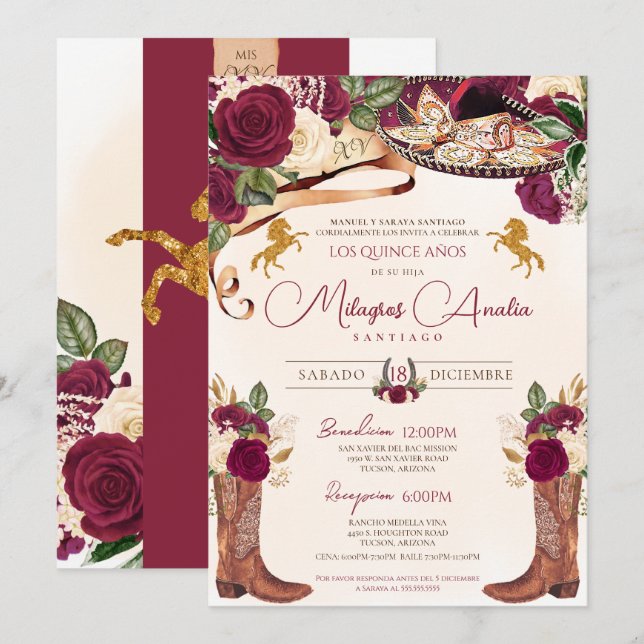 Burgundy Rose Elegant Western Charro Quinceañera Invitation (Front/Back)