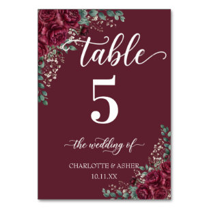 Burgundy Rose Eucalyptus Wedding Table Number