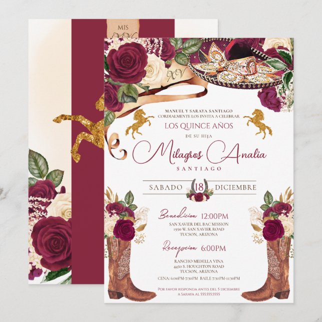 Burgundy Rose Fancy Western Charro Quinceanera Invitation (Front/Back)