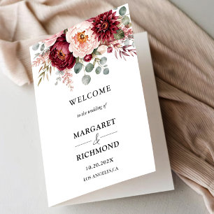 Burgundy Rose Floral Modern Folded Wedding Program