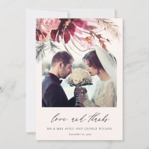 Burgundy Rose Floral Pampas Grass Photo Wedding Thank You Card