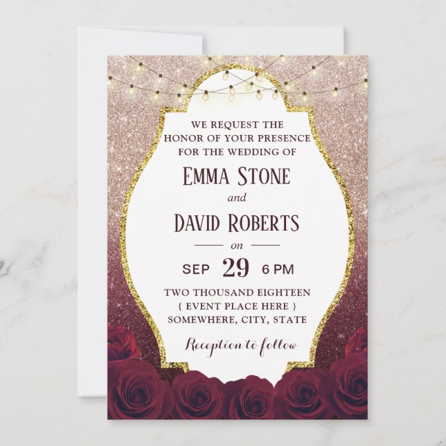 Burgundy Rose Floral Rose Gold Ombre Wedding Invitation (Front)