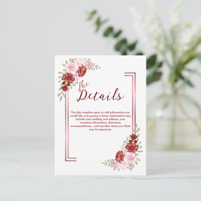 Burgundy & Rose Floral Wedding Postcard (Standing Front)