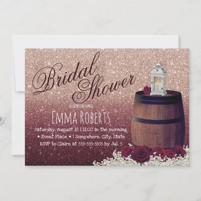 Burgundy Rose Floral Wine Barrel Bridal Shower Invitation (Front)