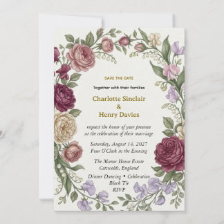 Burgundy Rose Floral Wreath Wedding Save The Date Invitation