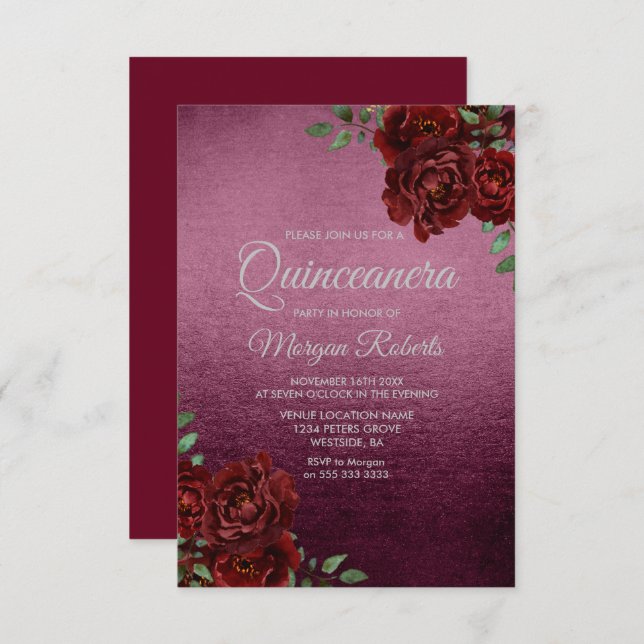 Burgundy Rose Foil Look Quinceanera Invite (Front/Back)