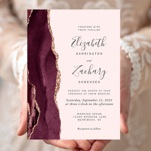 Burgundy Rose Gold Agate Blush Wedding Invitation