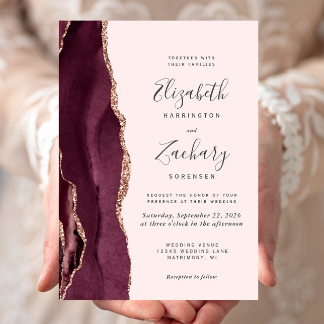 Burgundy Rose Gold Agate Blush Wedding Invitation (Creator Uploaded)