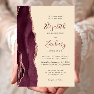 Burgundy Rose Gold Agate Champagne Wedding Invite