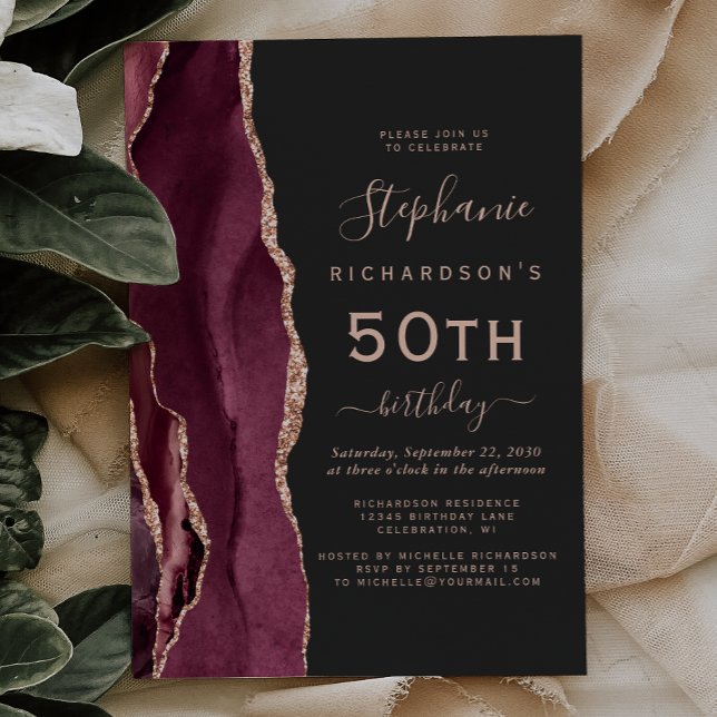 Burgundy Rose Gold Agate Dark 50th Birthday Invitation (Creator Uploaded)