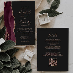 Burgundy Rose Gold Agate Dark QR Code Wedding Invitation