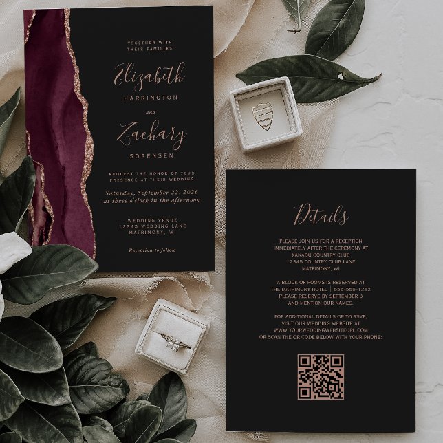 Burgundy Rose Gold Agate Dark QR Code Wedding Invitation (Creator Uploaded)