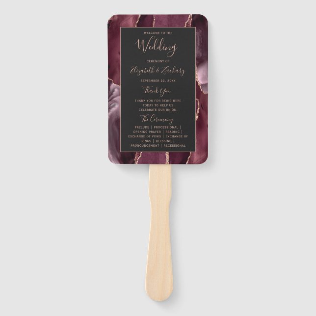 Burgundy Rose Gold Agate Dark Wedding Program Hand Fan (Front)