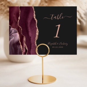 Burgundy Rose Gold Agate Dark Wedding Table Number