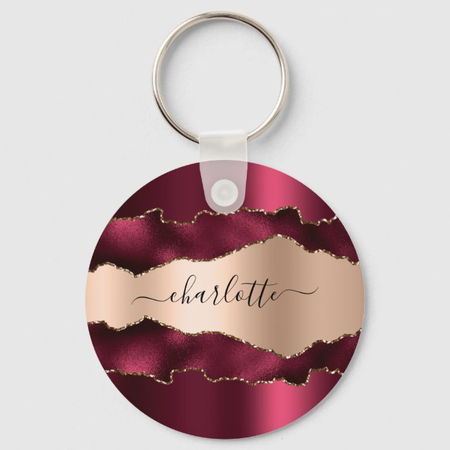 Burgundy rose gold agate marble name script key ring (Front)